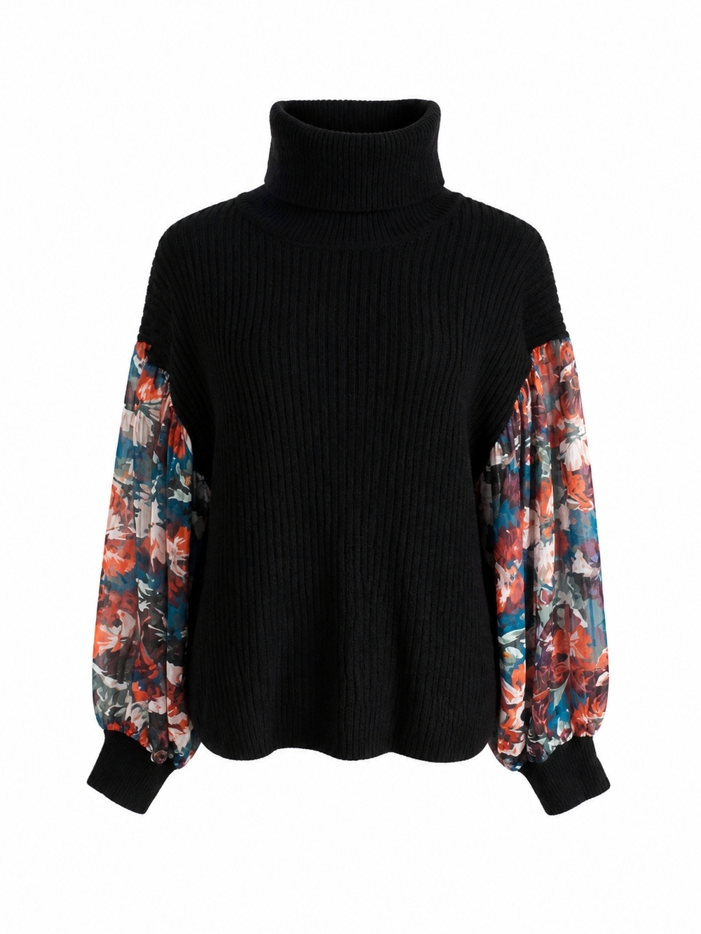 A Love Story Turtleneck Balloon-Sleeve Sweater with Floral Print Sleeves